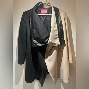 Azalea Wang Trench Coat Black and Beige Draped faux leather Accents asymmetric L